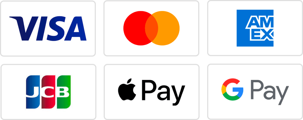 Accepted payment methods including Visa, Mastercard, American Express, Apple Pay and Google Pay